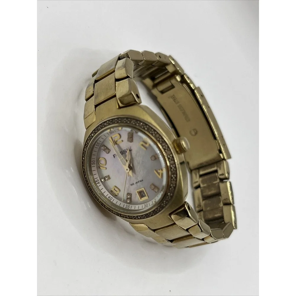 Fossil‎ AM4219 Gold/Rhinestone MOP Dial Date Women's Watch- New Battery!